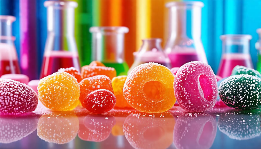 A graphical illustration combining colorful candies and a chemistry lab setting, emphasizing the scientific process of freeze-drying candy and showcasing both original and transformed candy textures.