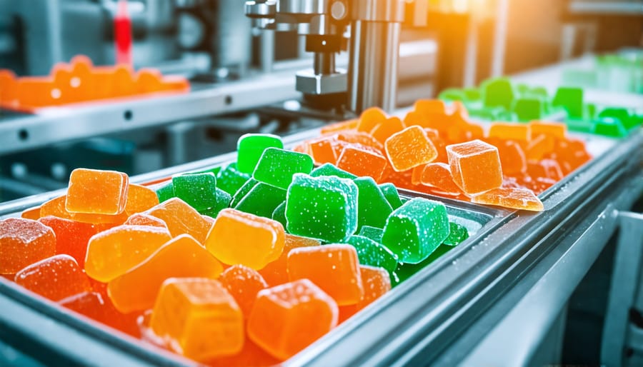 Conveyor belt with machines used in the process of manufacturing THC gummies