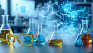 Conceptual illustration depicting the molecular structures of propylene glycol and vegetable glycerin, key components in vaping liquids, with elements representing safety and sustainability in a laboratory setting.