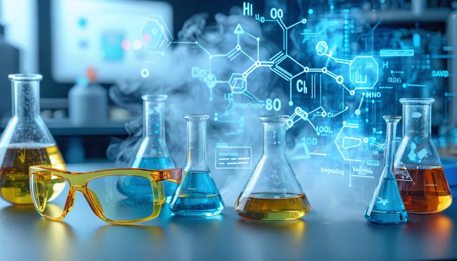 Conceptual illustration depicting the molecular structures of propylene glycol and vegetable glycerin, key components in vaping liquids, with elements representing safety and sustainability in a laboratory setting.